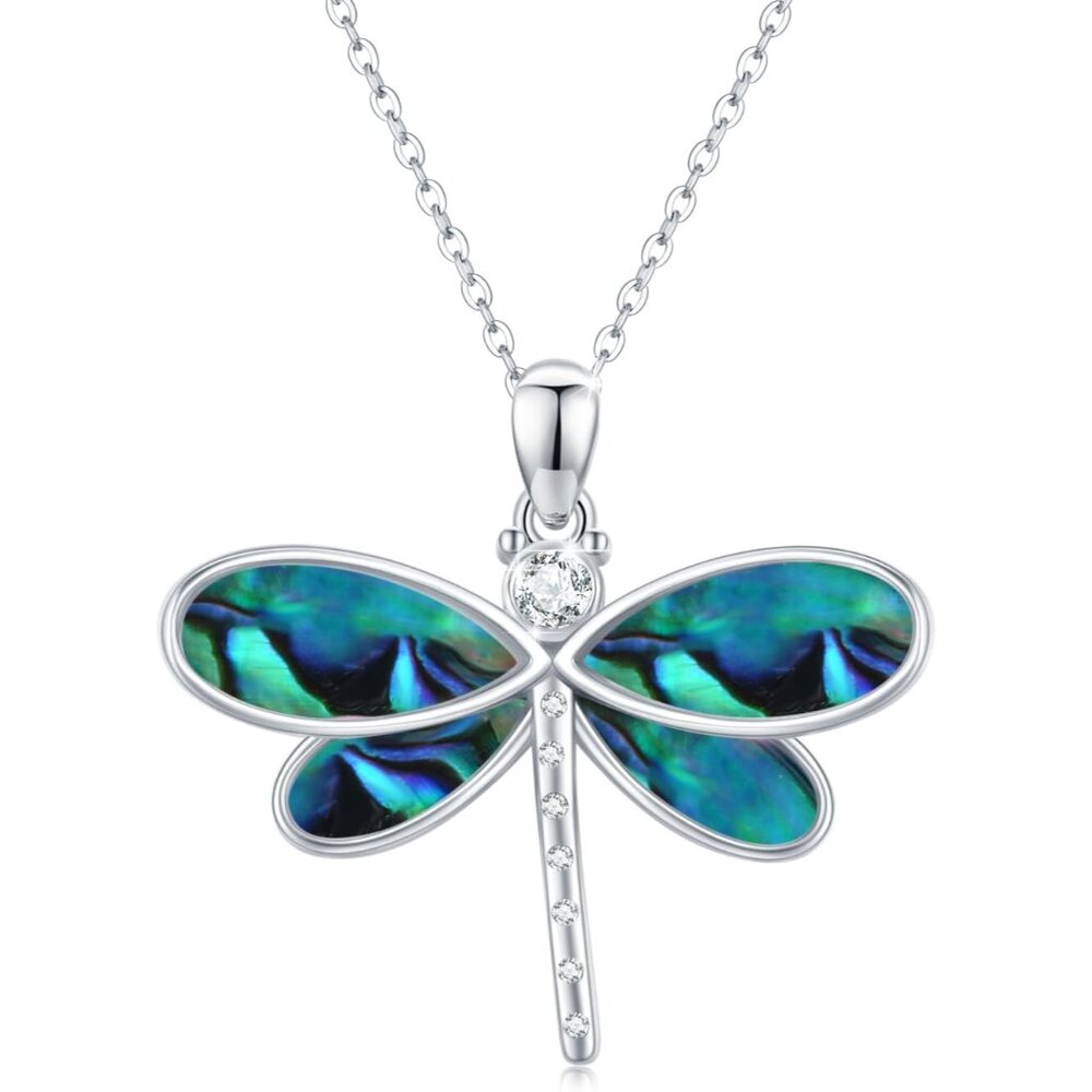 Sterling Silver Opal Abalone Shell Dragonfly Neck… - image 1